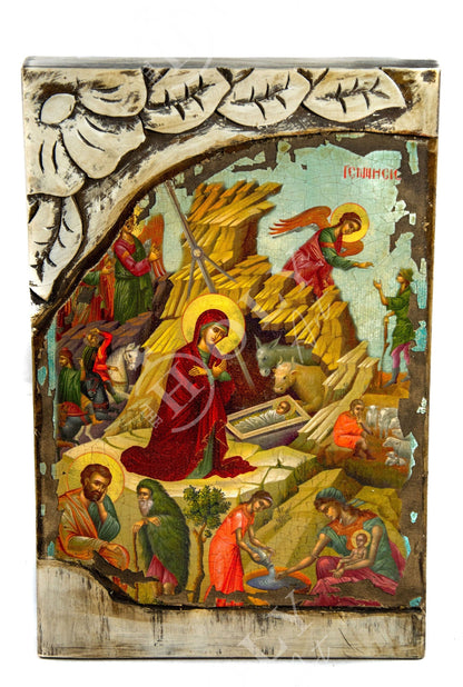 Nativity Jesus Christ icon, Birth of Jesus Greek handmade Orthodox Icon, Byzantine art wall hanging canvas wood icon, wedding gift 38x25cm - TheHolyArt