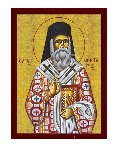 Saint Nectarios icon, Handmade Greek Orthodox icon of St Nektarios, Byzantine art wall hanging on wood plaque icon, religious decor - TheHolyArt