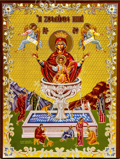 Virgin Mary icon Panagia Life Giver, Handmade Greek Orthodox Icon of Theotokos, Mother of God Byzantine art wall hanging plaque 21x15cm - TheHolyArt