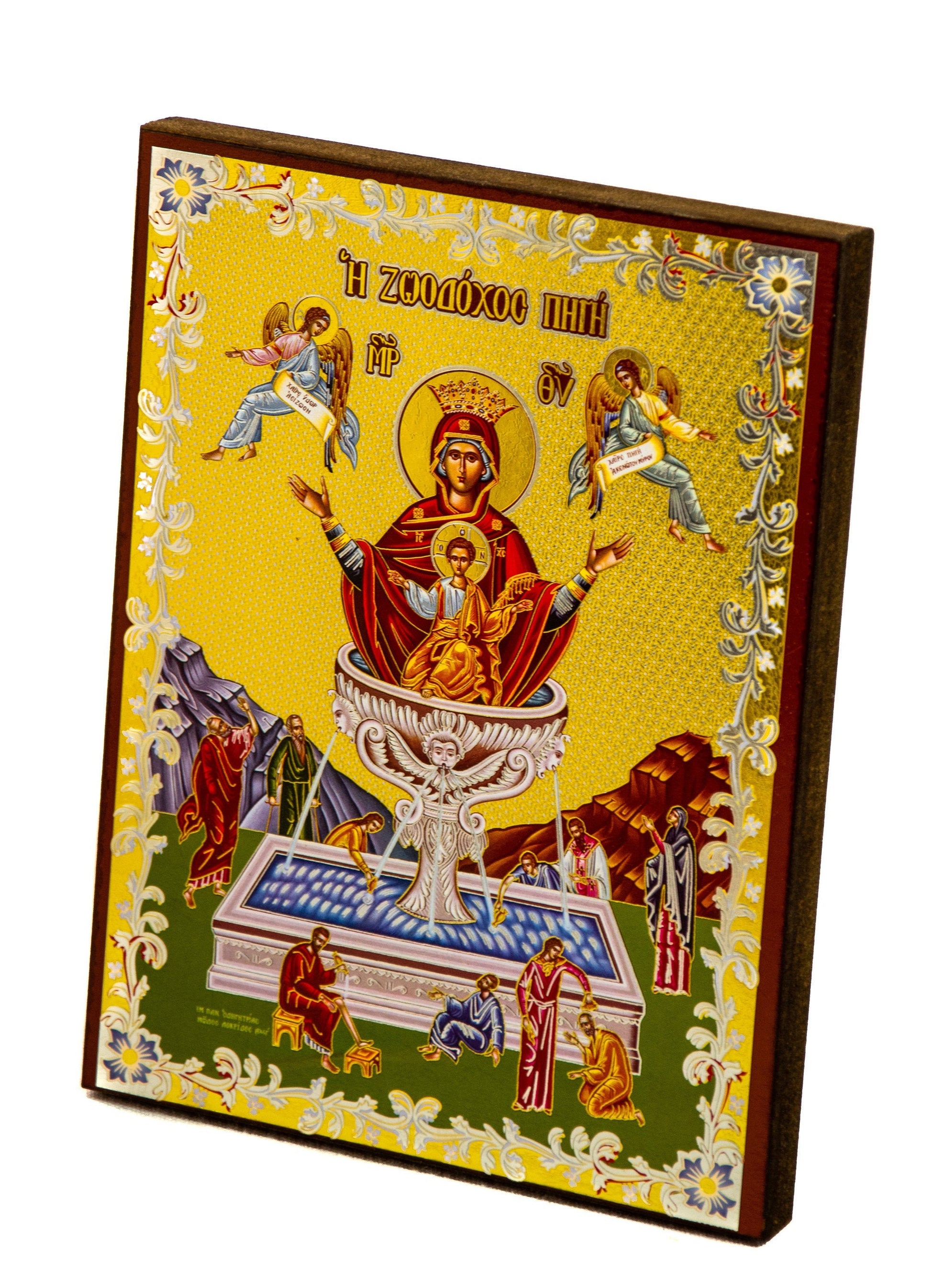 Virgin Mary icon Panagia Life Giver, Handmade Greek Orthodox Icon of Theotokos, Mother of God Byzantine art wall hanging plaque 21x15cm TheHolyArt