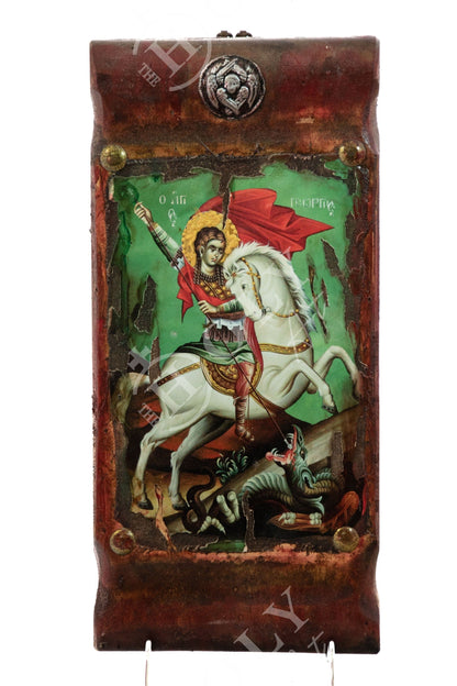 Saint George icon, Handmade Greek Orthodox icon of St George, Byzantine art wall hanging canvas icon on wood plaque 38x18cm, wedding gift - TheHolyArt