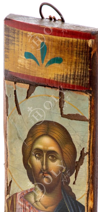 Jesus Christ icon, Handmade Greek Orthodox icon of our Lord, Byzantine art wall hanging canvas icon wood plaque 30x9cm, wedding gift - TheHolyArt