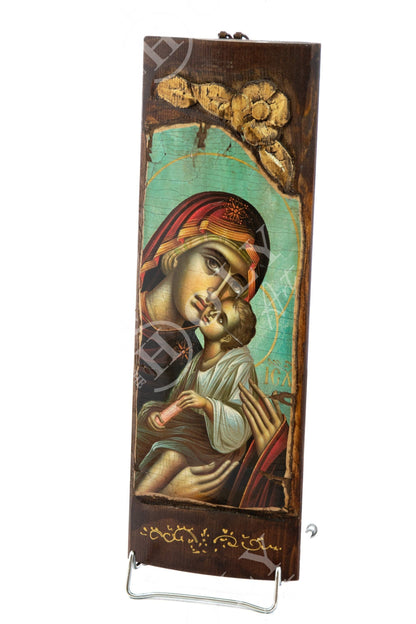 Virgin Mary icon Panagia, Handmade Greek Orthodox icon of Theotokos, Mother of God Byzantine art wall hanging canvas wood plaque 40x13cm - TheHolyArt