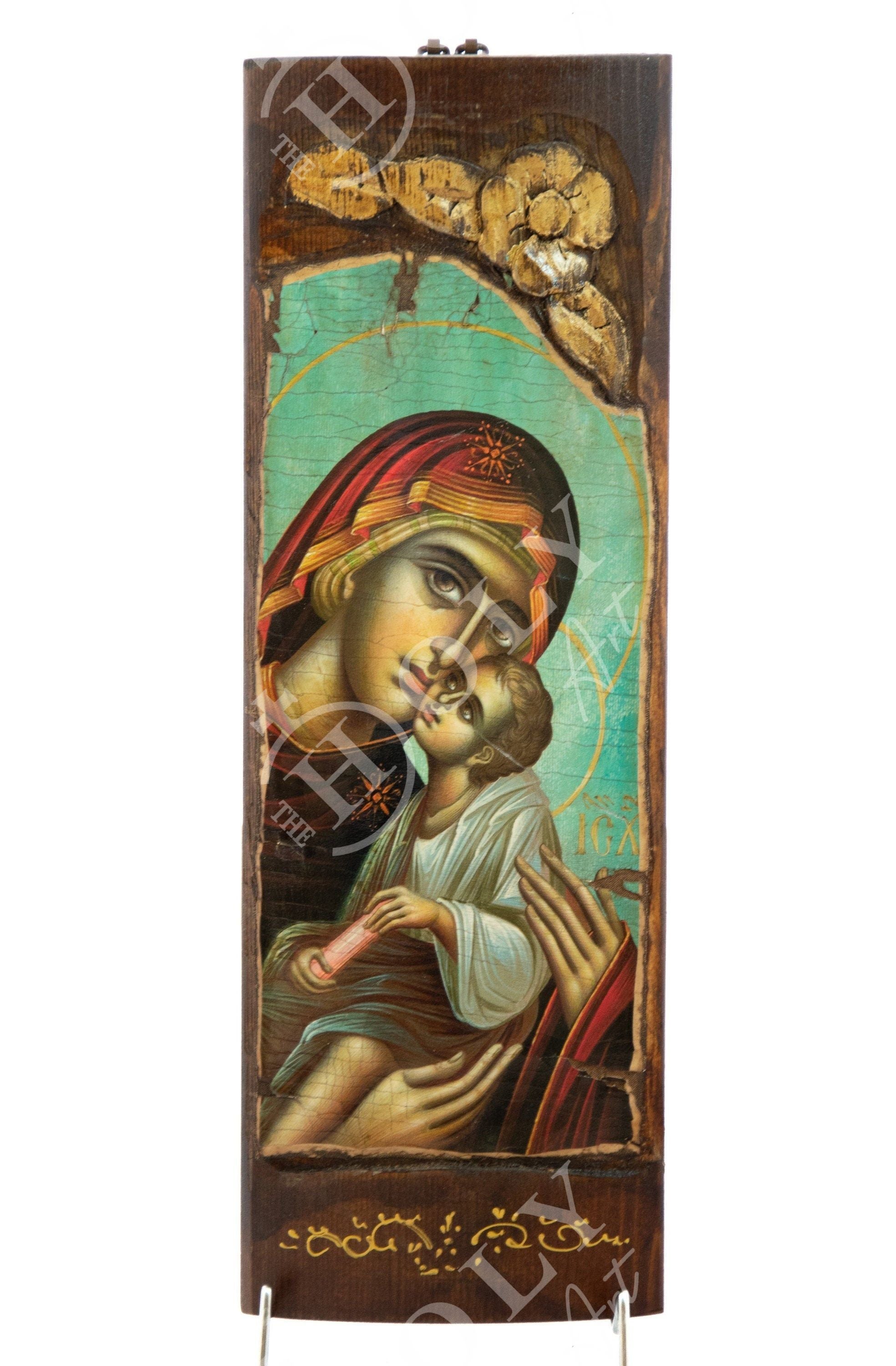 Virgin Mary icon Panagia, Handmade Greek Orthodox icon Theotokos, Mother of God deals Byzantine art wall hanging wood plaque canvas icon 40x13cm