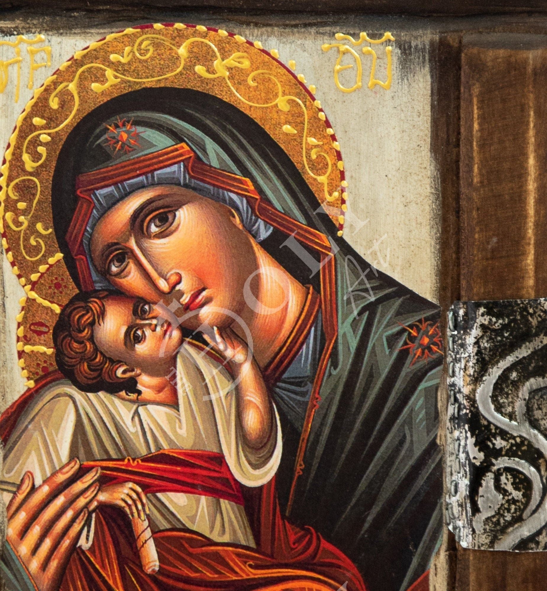 Virgin Mary icon Panagia, Handmade Greek Orthodox icon Theotokos, good Mother of God Byzantine art wall hanging wood plaque canvas icon 40x13cm