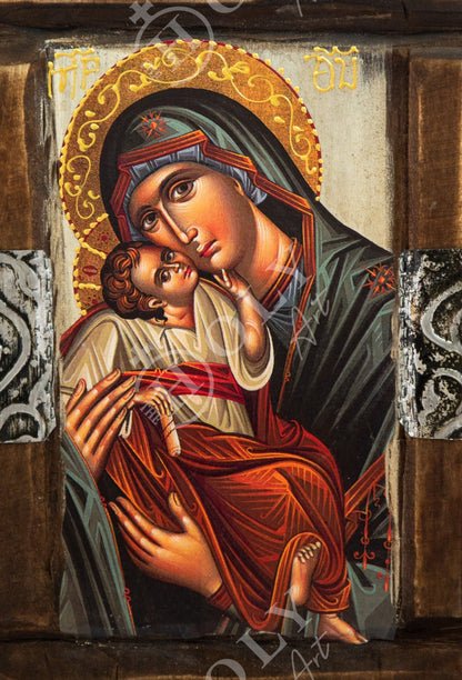 Virgin Mary icon Panagia, Handmade Greek Orthodox icon Theotokos, Mother of God Byzantine art wall hanging wood plaque, wedding gift 30x20cm - TheHolyArt