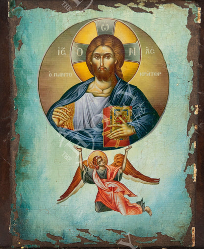 Jesus Christ icon Pantocrator, Handmade Greek Orthodox icon of our Lord, Byzantine art wall hanging canvas icon wood plaque 38x24cm - TheHolyArt