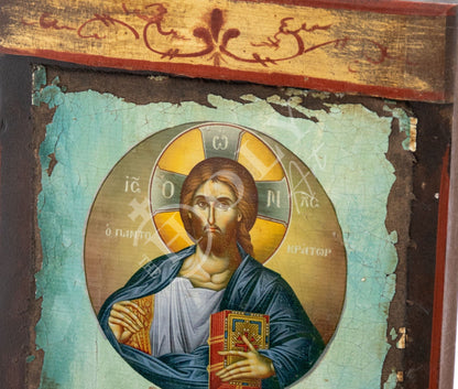 Jesus Christ icon Pantocrator, Handmade Greek Orthodox icon of our Lord, Byzantine art wall hanging canvas icon wood plaque 38x24cm - TheHolyArt