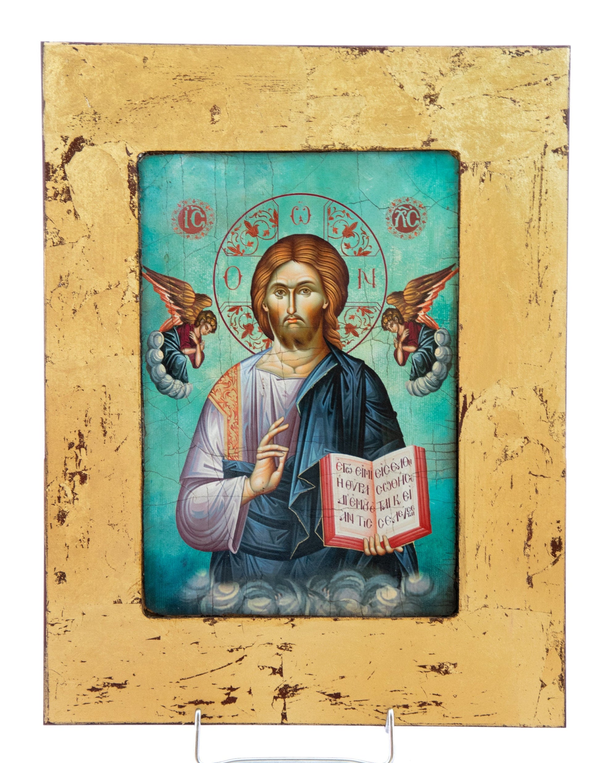 Jesus Christ icon, Handmade Greek Orthodox icon of Lord, Byzantine art wall hanging wood plaque canvas icon w gold leaf , wedding gift TheHolyArt