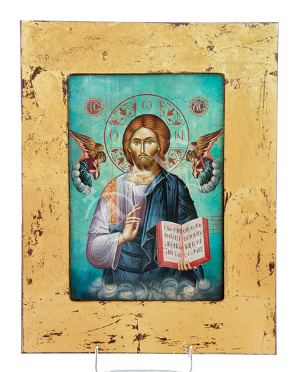 Jesus Christ icon, Handmade Greek Orthodox icon of Lord, Byzantine art wall hanging wood plaque canvas icon w gold leaf , wedding gift - TheHolyArt