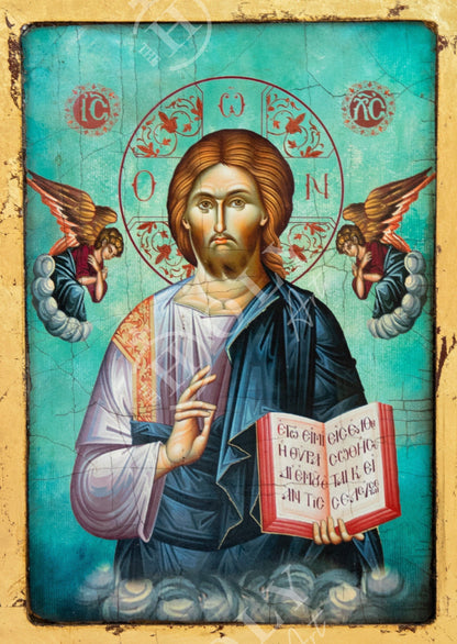 Jesus Christ icon, Handmade Greek Orthodox icon of Lord, Byzantine art wall hanging wood plaque canvas icon w gold leaf , wedding gift - TheHolyArt