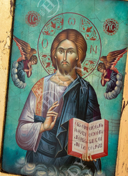 Jesus Christ icon, Handmade Greek Orthodox icon of Lord, Byzantine art wall hanging wood plaque canvas icon w gold leaf , wedding gift - TheHolyArt