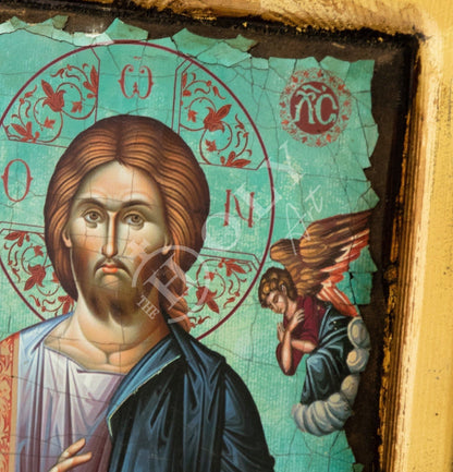 Jesus Christ icon, Handmade Greek Orthodox icon of Lord, Handmade Byzantine art wall hanging canvas w gold leaf wood plaque, wedding gift - TheHolyArt