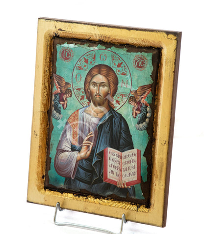 Jesus Christ icon, Handmade Greek Orthodox icon of Lord, Handmade Byzantine art wall hanging canvas w gold leaf wood plaque, wedding gift - TheHolyArt