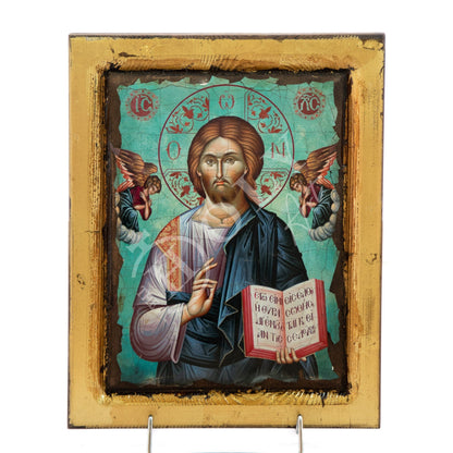 Jesus Christ icon, Handmade Greek Orthodox icon of Lord, Handmade Byzantine art wall hanging canvas w gold leaf wood plaque, wedding gift - TheHolyArt