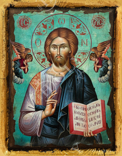 Jesus Christ icon, Handmade Greek Orthodox icon of Lord, Handmade Byzantine art wall hanging canvas w gold leaf wood plaque, wedding gift - TheHolyArt