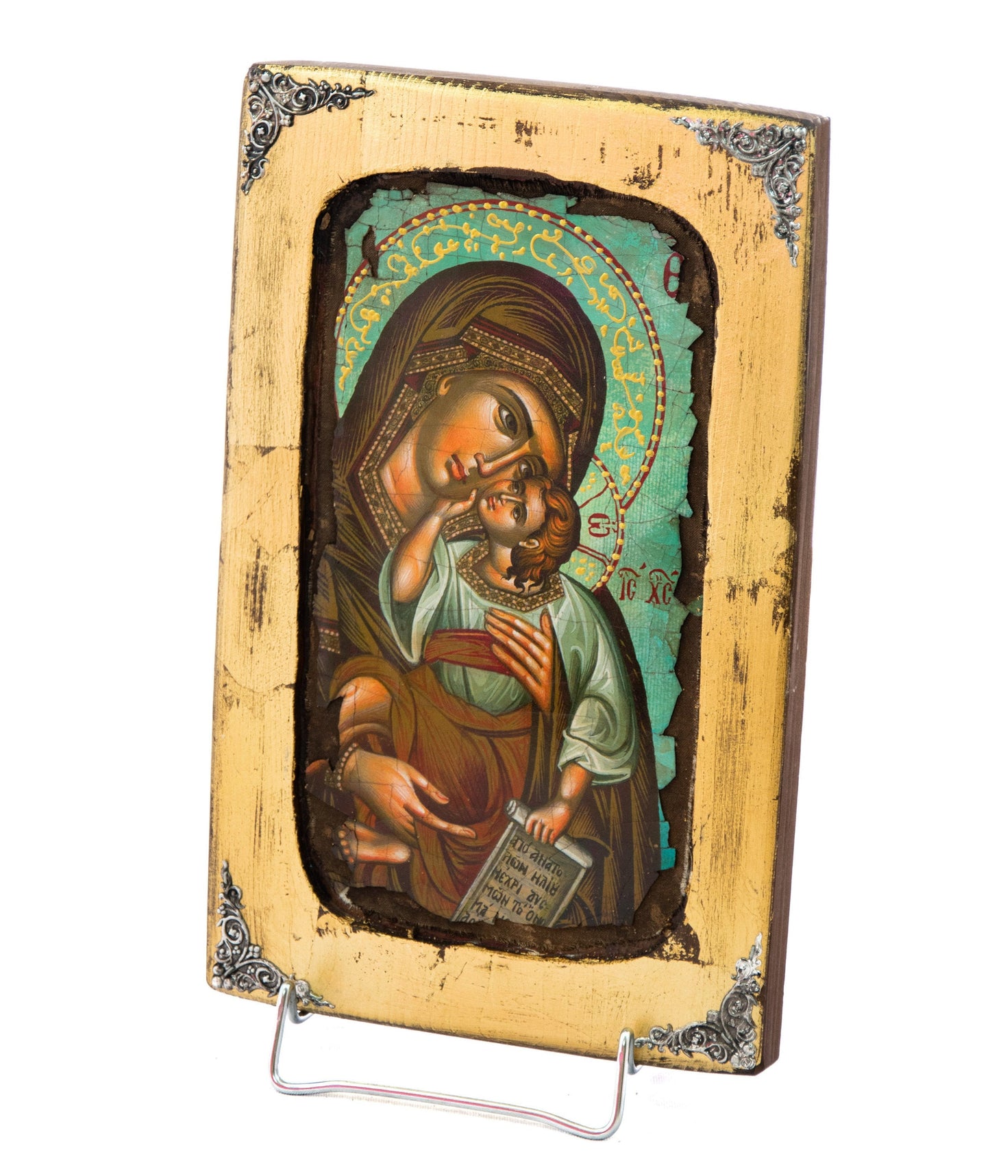 Virgin Mary icon, Handmade Greek Orthodox icon of Theotokos, Mother of God Byzantine art wall hanging canvas icon canvas w gold leaf 30x19cm TheHolyArt