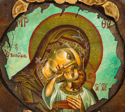 Virgin Mary icon Panagia, Greek Christian Orthodox icon Theotokos, Mother of God Byzantine art wall hanging wood plaque, gift idea 21x21cm - TheHolyArt