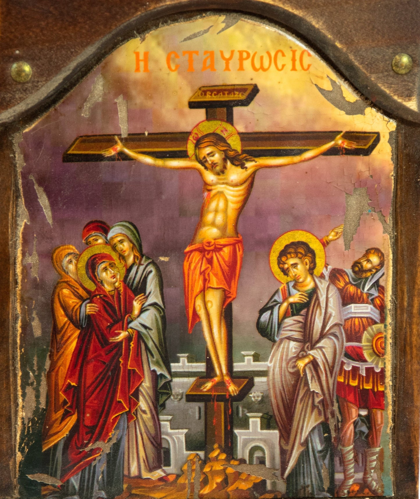 The Crucifixion icon, Jesus Christ Holy Cross handmade Greek Orthodox icon, Byzantine art wall hanging canvas icon on wood plaque 30x21cm TheHolyArt