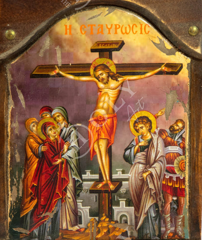 The Crucifixion icon, Jesus Christ Holy Cross handmade Greek Orthodox icon, Byzantine art wall hanging canvas icon on wood plaque 30x21cm - TheHolyArt
