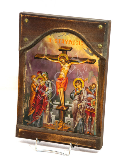 The Crucifixion icon, Jesus Christ Holy Cross handmade Greek Orthodox icon, Byzantine art wall hanging canvas icon on wood plaque 30x21cm - TheHolyArt