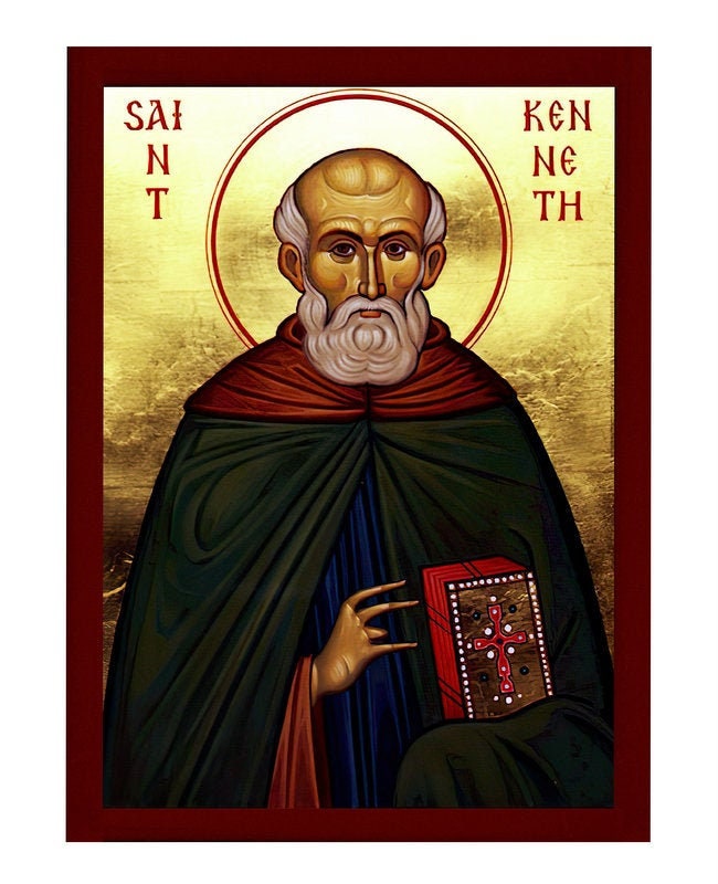 Saint Kenneth icon, Handmade Greek Orthodox icon of St Kenneth, Byzantine art wall hanging wood plaque, religious gift TheHolyArt