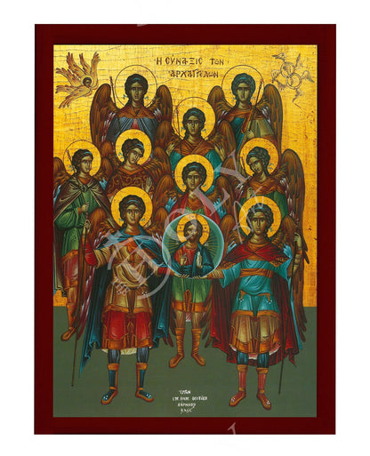 Synaxis of the Archangels icon, Handmade Greek Orthodox Icon of the Gathering of the Archangels, Byzantine art wall hanging wood plaque - TheHolyArt
