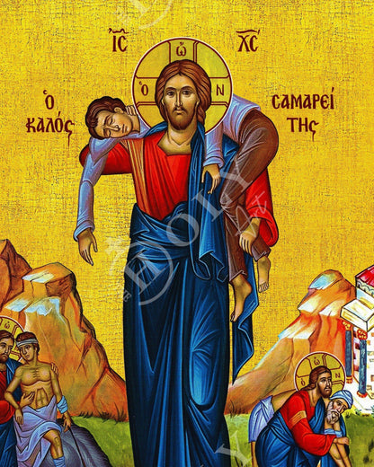 Jesus Christ icon The Good Samaritan, Handmade Greek Orthodox icon of our Lord, Byzantine art wall hanging on wood plaque, religious decor - TheHolyArt