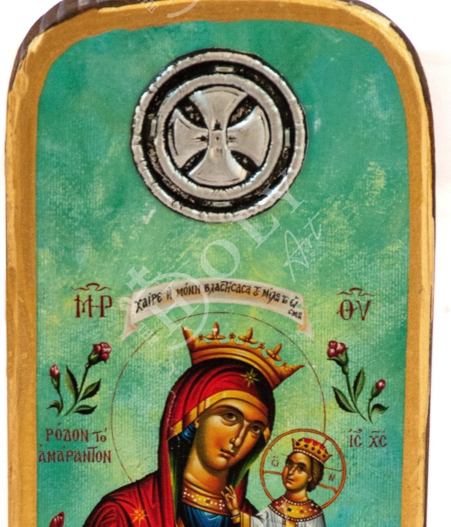 Virgin Mary icon Rose Amaranth, Handmade Greek Orthodox icon Theotokos, Mother of God Byzantine art wall hanging wood plaque, wedding gift TheHolyArt