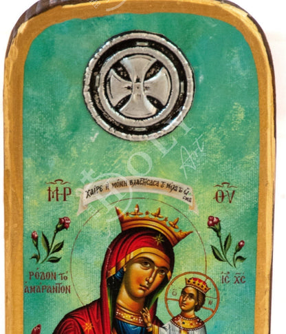 Virgin Mary icon Rose Amaranth, Handmade Greek Orthodox icon Theotokos, Mother of God Byzantine art wall hanging wood plaque, wedding gift - TheHolyArt