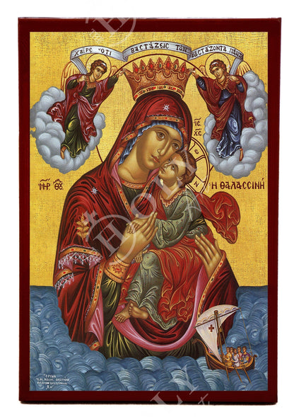 Virgin Mary icon Panagia of Sea Thalassini, Handmade Greek Orthodox Icon, Mother of God Byzantine art, Theotokos wall hanging wood plaque - TheHolyArt