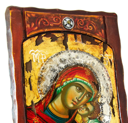 Virgin Mary icon Panagia, Handmade Greek Orthodox icon of Theotokos, Mother of God Byzantine art wall hanging canvas icon gold leaf 51x28cm - TheHolyArt