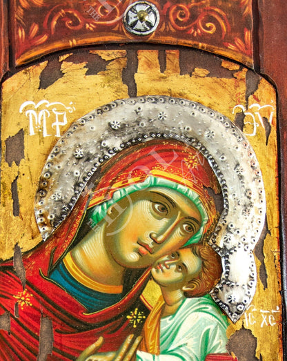 Virgin Mary icon Panagia, Handmade Greek Orthodox icon of Theotokos, Mother of God Byzantine art wall hanging canvas icon gold leaf 51x28cm - TheHolyArt