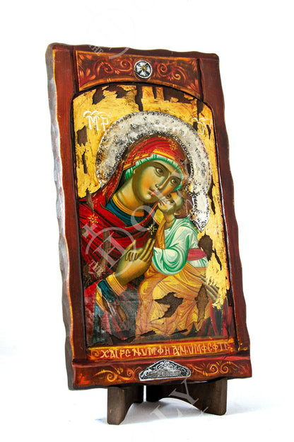 Virgin Mary icon Panagia, Handmade Greek Orthodox icon of Theotokos, Mother of God Byzantine art wall hanging canvas icon gold leaf 51x28cm - TheHolyArt
