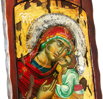 Virgin Mary icon Panagia, Handmade Greek Orthodox icon of Theotokos, Mother of God Byzantine art wall hanging canvas icon gold leaf 51x28cm - TheHolyArt