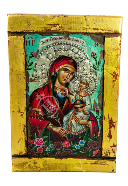 Virgin Mary icon Panagia, Handmade Greek Orthodox icon Theotokos, Mother of God Byzantine art wall hanging canvas icon, wedding gift 44x29cm - TheHolyArt