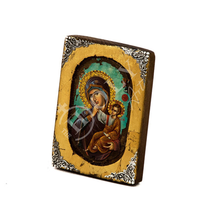 Virgin Mary icon, Handmade Greek Orthodox icon of Theotokos, Mother of God Byzantine art wall hanging wood canvas icon gold leaf 18x14cm - TheHolyArt