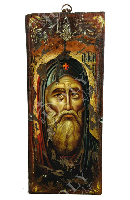Saint Anthony icon, Handmade Greek Orthodox icon of Saint Antonius, Byzantine art wall hanging wood plaque canvas icon 42x17cm - TheHolyArt
