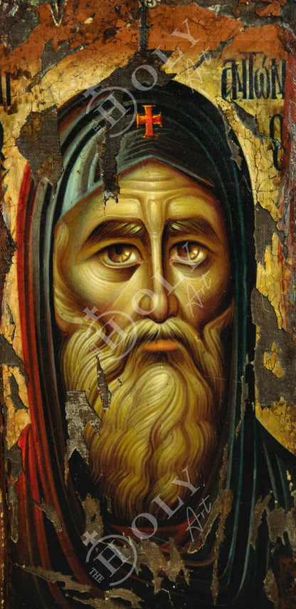 Saint Anthony icon, Handmade Greek Orthodox icon of Saint Antonius, Byzantine art wall hanging wood plaque canvas icon 42x17cm - TheHolyArt