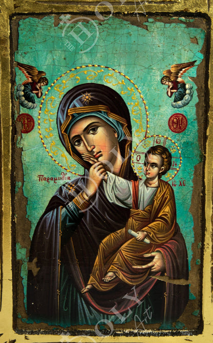 Virgin Mary icon Panagia, Handmade Greek Orthodox icon of Theotokos, Mother of God Byzantine art wall hanging canvas icon plaque 38x25cm - TheHolyArt