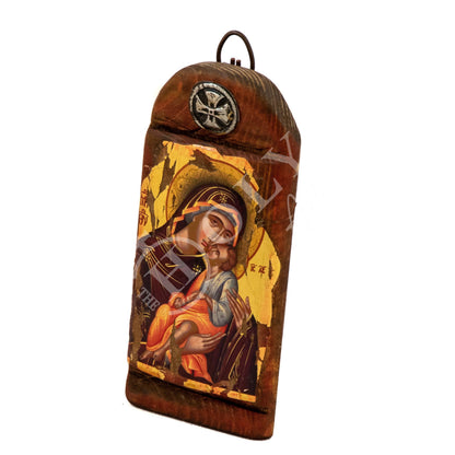Virgin Mary icon Glykophilousa, Handmade Greek Orthodox icon of Theotokos, Mother of God Byzantine art wall hanging gold leaf icon 20x9cm - TheHolyArt