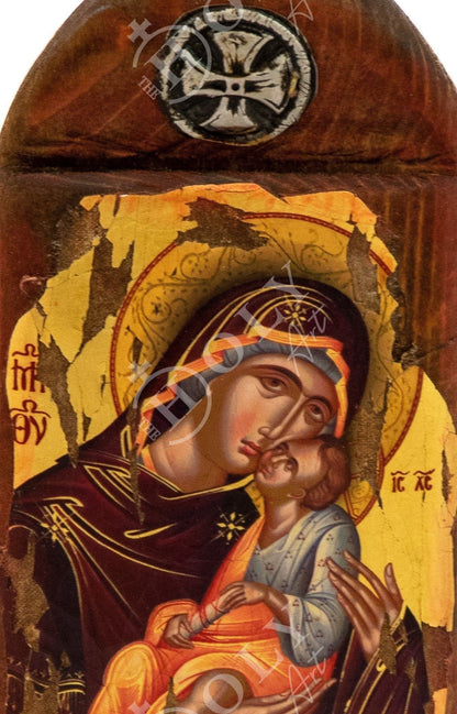 Virgin Mary icon Glykophilousa, Handmade Greek Orthodox icon of Theotokos, Mother of God Byzantine art wall hanging gold leaf icon 20x9cm - TheHolyArt