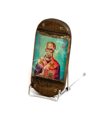 Saint Nicholas icon, Handmade Greek Orthodox icon of St Nick, Byzantine art wall hanging icon on wood plaque 20x9cm, religious decor - TheHolyArt