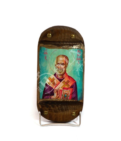Saint Nicholas icon, Handmade Greek Orthodox icon of St Nick, Byzantine art wall hanging icon on wood plaque 20x9cm, religious decor - TheHolyArt