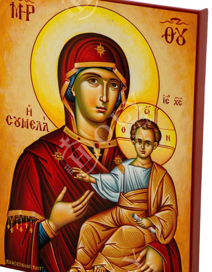 Hand painted Virgin Mary icon Panagia Soumela, Handmade Greek Orthodox icon of Lady of Sorrows, Byzantine art wall hanging Mother of God - TheHolyArt