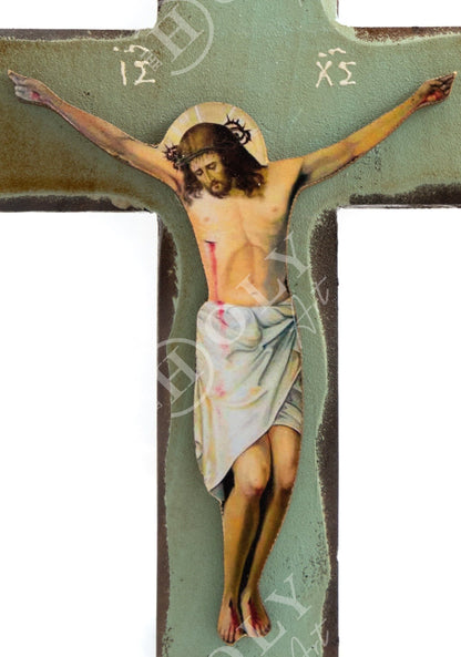 Crucifix Jesus Christ Cross, Blessing Cross, Byzantine art wall hanging, Greek Handmade wood Cross 31x21cm, Christian wall art decor - TheHolyArt