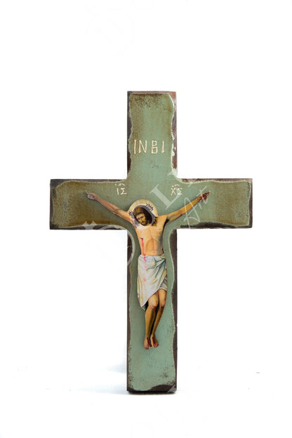 Crucifix Jesus Christ Cross, Blessing Cross, Byzantine art wall hanging, Greek Handmade wood Cross 31x21cm, Christian wall art decor - TheHolyArt