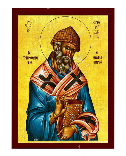 Saint Spyridon icon, Handmade Greek Orthodox icon of St Spyridon, Byzantine art wall hanging icon on wood plaque, religious decor - TheHolyArt
