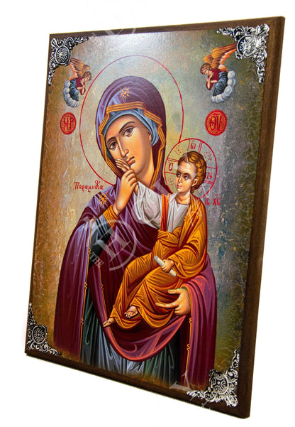 Virgin Mary icon Panagia, Handmade Greek Christian Orthodox Icon of Theotokos, Mother of God Byzantine art wall hanging wood plaque - TheHolyArt
