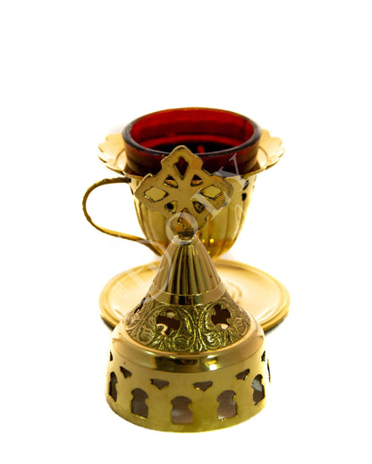 Christian Brass Table Oil Vigil Lamp with Cross, Hand-painted Prayer Standing Oil Lamp, Orthodox Oil Candle with glass cup, religious decor - TheHolyArt